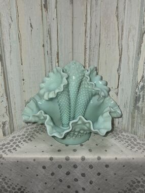 Fenton Aqua Ruffled Hobnail Glass Epergne Vase